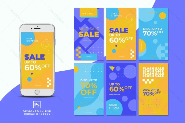 دانلود طرح لایه باز استوری اینستاگرام تخفیف فروشگاه رنگ زرد و آبی