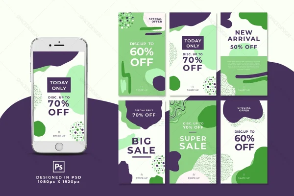 دانلود طرح لایه باز استوری اینستاگرام صفحات فروشگاهی رنگ سبز طراحی فلت